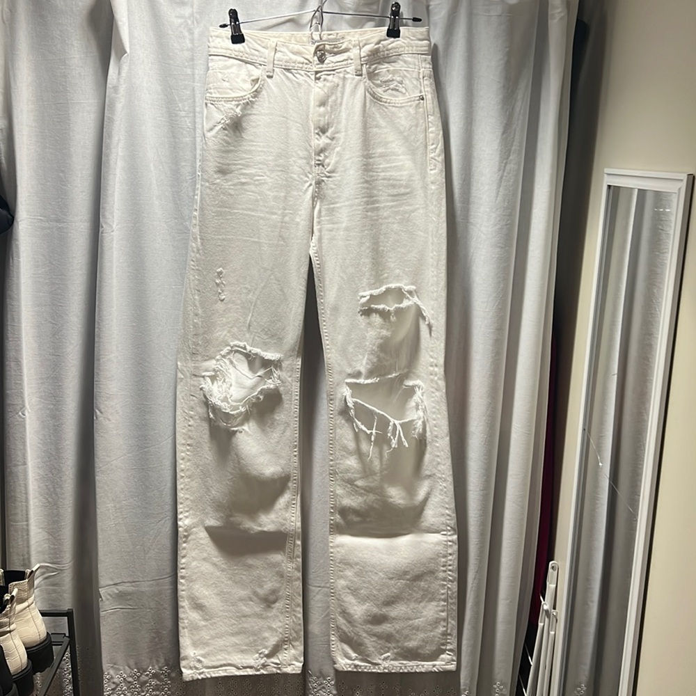Zara High-Waisted White Distressed Flare Jeans